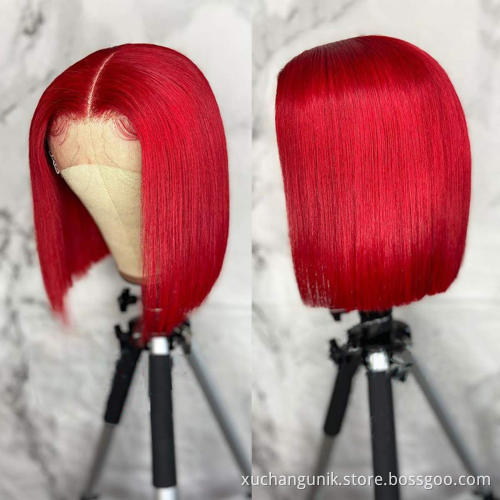 Uniky Short Bob Human Hair Lace Front Wigs Brazilian Glueless Red Color Straight Bob Lace Wig for Black Women Pre Plucked